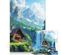 Puzzle Adulte 1000 pièces Cabane près d'une Cascade dans Un Paysage de Montagne Défi de réflexion Détente Lente et précise Cadeau attentionné (38x52cm)