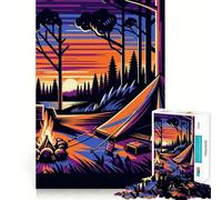 Puzzle Adulte 1000 pièces Camping Coucher de Soleil WPAP Popart Jeu de précision,Jouet cérébral Intelligent,Divertissement pour Passer Le Temps Libre,Cadeau d'anniversaire pour l'esprit (38x26cm)
