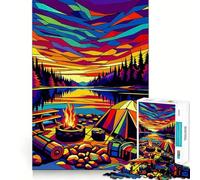 Puzzle Adulte 1000 pièces Camping Coucher de Soleil WPAP Popart Premium Découpe Amusant Logique Jeu Facile à Jouer Décoration Murale de Noël (38x52cm)