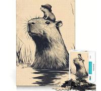 Puzzle Adulte 1000 pièces Capybara avec Chapeau et ami Bords impeccables Jeu de Concentration Amusant et Calme Décoration de Noël (38x52cm)