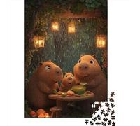 Puzzle Adulte 1000 Pièces, Capybara Family Dinner in The Rain, 52x38cm/1000pcs; Projet Tranquille pour Le W nd; Pièces Blanches avec Peu De Poussière