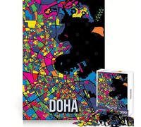 Puzzle Adulte 1000 pièces Carte de la Ville de Doha,Qatar,Style Pop Art,Bords tranchants,Jeu de logique et d'adresse,détente et Divertissement,idéal pour Un Anniversaire (38x52cm)