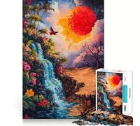 Puzzle Adulte 1000 pièces Cascade Tropicale et Soleil Rouge Découpe Premium Jeu de logique Amusant et Rapide Décoration Murale de Noël (38x26cm)