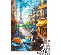 Puzzle Adulte 1000 Pièces, Cat in Paris Cafe Painting, 38x26cm/1000pcs