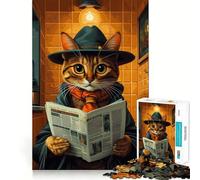 Puzzle Adulte 1000 pièces Chat chapeauté lisant Le Journal Toilettes Bords impeccables Jeu de Concentration mentale Amusant et Calme Décoration de Noël Cadeau (38x52cm)