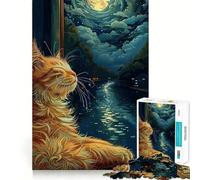 Puzzle Adulte 1000 pièces Chat contemplant la Lune Bords impeccables Jeu de Concentration Amusant et Calme Décoration de Noël (38x26cm)