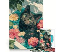 Puzzle Adulte 1000 pièces Chat dans Une Baignoire Fleurie Illustration Bords impeccables Jeu de Concentration Amusant et Calme Décoration de Noël (38x26cm)
