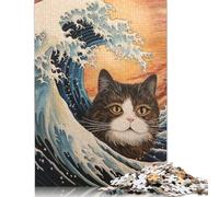 Puzzle Adulte 1000 pièces Chat dans Une Vague Japonaise Puzzles pour Adultes et Adolescents Puzzle Casse-tête 1000 pièces (75 x 50 cm)
