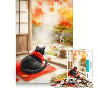 Puzzle Adulte 1000 pièces Chat d'automne avec thé Aquarelle Découpe Lisse Jeu d'entraînement cérébral Jouet de Loisirs Amusant Cadeau d'anniversaire (38x26cm)