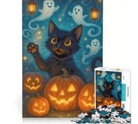 Puzzle Adulte 1000 pièces Chat d'halloween avec citrouilles et fantômes, Jeu Manuel, Difficile et Stimulant, idéal comme Cadeau pour Toute la Famille 50x75cm