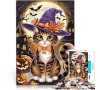 Puzzle Adulte 1000 pièces Chat d'halloween avec Un Chapeau de sorcière Défi Difficile avec Affiche et Feuille de Questions correspondantes 75x50cm