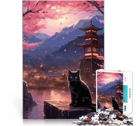 Puzzle Adulte 1000 pièces Chat Fleurs de Cerisier Entraînez Votre Cerveau et Vos Mains avec Affiche et Feuille de Questions correspondantes 52x38cm