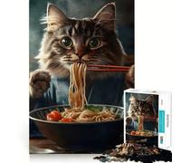 Puzzle Adulte 1000 pièces Chat Mangeant des Ramen Bords impeccables Jeu de Concentration Amusant et Calme Décoration de Noël (38x26cm)