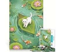Puzzle Adulte 1000 pièces Chat Nénuphar Étang Bords impeccables Jeu de Concentration mentale Amusant et Calme Décoration de Noël Cadeau (38x26cm)