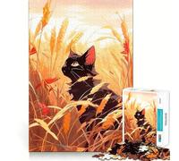 Puzzle Adulte 1000 pièces Chat Noir Assis dans Un Champ de blé,découpe Nette,Jeu de Concentration Amusant,Moment de détente,Cadeau de Noël Amusant (38x52cm)
