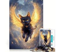 Puzzle Adulte 1000 pièces Chat Noir aux Ailes dorées Décoration soignée,Jeu de réflexion,Divertissement Occasionnel,décoration de Noël (50x75cm)