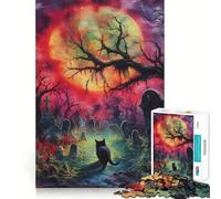 Puzzle Adulte 1000 pièces Chat Noir dans Un cimetière Décoration soignée,Jeu de réflexion,Divertissement Occasionnel,décoration de Noël (50x75cm)