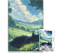 Puzzle Adulte 1000 pièces - Chat Noir dans Une Prairie Style Anime - Design élégant - Jeu de logique et d'analyse - Idée Cadeau pour Un Père Noël Secret - Dimensions : 50x75cm