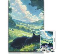 Puzzle Adulte 1000 pièces - Chat Noir dans Une Prairie Style Anime - Design élégant - Jeu de logique et d'analyse - Idée Cadeau pour Un Père Noël Secret - Dimensions : 38x52cm