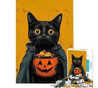 Puzzle Adulte 1000 pièces Chat Noir rétro d'halloween avec Seau Citrouille Jeu éducatif et Stimulant pour Toute la Famille Idée Cadeau (Taille 50x75cm)