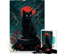 Puzzle Adulte 1000 pièces Chat Noir sous la Lune Rouge Style Japonais Décoration soignée,Jeu de réflexion,Divertissement Occasionnel,décoration de Noël (38x52cm)