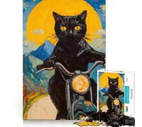 Puzzle Adulte 1000 pièces Chat Noir sur Moto Décoration soignée,Jeu de réflexion,Divertissement Occasionnel,décoration de Noël (38x52cm)