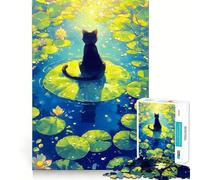 Puzzle Adulte 1000 pièces Chat Noir sur nénuphar Pound Lake Sharp Cut Art,Jeu de Concentration Amusant,Moment de détente,Cadeau de Noël Amusant (38x52cm)