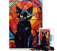 Puzzle Adulte 1000 pièces Chat Noir Vitrail Découpe précise,Jeu de Concentration Amusant,Moment de détente,Cadeau de Noël Amusant (50x75cm)