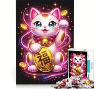 Puzzle Adulte 1000 pièces Chat Porte-Bonheur néon Jeu Familial Difficile et Stimulant Cadeau Unique pour Un Anniversaire ou Noël 38x52cm