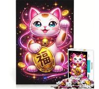 Puzzle Adulte 1000 pièces Chat Porte-Bonheur néon Jeu Familial Difficile et Stimulant Cadeau Unique pour Un Anniversaire ou Noël 38x26cm