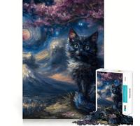 Puzzle Adulte 1000 pièces Chat sous Les cerisiers en Fleurs,Ciel Nocturne,découpe précise,Jeu de réflexion Amusant,Loisirs,décoration d'anniversaire,Cadeau (38x26cm)