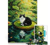 Puzzle Adulte 1000 pièces Chat sur nénuphar Peinture Découpe Idéal Décoration Casse-tête Cadeau Loisirs Divertissement Anniversaire (38x26cm)