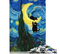 Puzzle Adulte 1000 pièces Chats Noirs Nuit étoilée Puzzles Jouets éducatifs Jeux Décoration familiale (38x26cm)