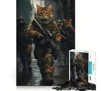 Puzzle Adulte 1000 pièces Chats Soldats sous la Pluie,découpe précise,Jeu de réflexion Amusant,Loisirs,décoration d'anniversaire,Cadeau (38x52cm)