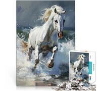 Puzzle Adulte 1000 pièces Cheval Blanc Courant à Travers Les Vagues pour s'amuser en Famille Super Cadeau 38x26cm