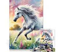 Puzzle Adulte 1000 pièces Cheval Blanc galopant dans Un Champ Développe l'esprit d'analyse Idéal pour se détendre et s'assembler Cadeau d'hiver (50x75cm)