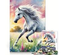Puzzle Adulte 1000 pièces Cheval Blanc galopant dans Un Champ Développe l'esprit d'analyse Idéal pour se détendre et s'assembler Cadeau d'hiver (38x52cm)