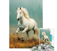 Puzzle Adulte 1000 pièces Cheval Blanc galopant dans Un Champ Jeu éducatif et Stimulant Décoration Murale Cadeau d'anniversaire (Dimensions 38x52cm)
