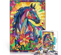 Puzzle Adulte 1000 pièces Cheval en vitrail Difficile à réaliser mais Amusant et Humoristique Œuvre d'art 38x26cm