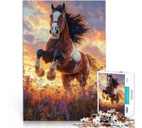 Puzzle Adulte 1000 pièces Cheval sautant au Coucher du Soleil dans Un Champ de Fleurs Jeux de détente Décoration Parfaite 38x26cm