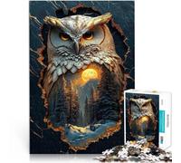 Puzzle Adulte 1000 pièces Chouette dorée Double Exposition Fait de Bois pour Les 14 Ans et Plus Jeux Amusants pour Les familles Cadeaux Difficiles et durs pour Femmes et Hommes。Taille：50x75cm
