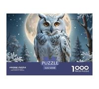 Puzzle Adulte 1000 Pièces Chouette Neige Clair de Lune - Chouette des Neiges Branche Pleine Lune, Jeu Difficile Stimulant Décoration Murale & Cadeaux 52x38cm
