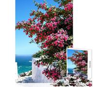 Puzzle Adulte 1000 pièces Côte méditerranéenne avec Fleurs de bougainvillier Jeu Familial Niveau Difficile Décoration Murale Convient pour la décoration de Bureau (38x52cm)