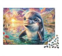 Puzzle Adulte 1000 pièces Coucher de Soleil sur Dauphin, Dauphin, lac, Arc-en-Ciel, Maisons, Premium Haute qualité épais Robuste Vibrant Stimulant Anti-Stress Cadeau 70x50cm