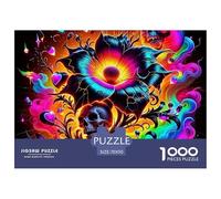 Puzzle Adulte 1000 pièces Crâne Roses Arc-en-Ciel Cœurs, Anti-Stress, Jeu Familial Difficile décoration Murale, 70x50cm