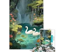 Puzzle Adulte 1000 pièces Cygnes dans Un étang Fleuri avec Cascade Jeu Difficile et Stimulant Cadeau pour Femmes Décoration Murale À partir de 14 Ans 50x75cm