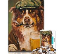 Puzzle Adulte 1000 pièces Difficile Berger Australien fumant, Anti-Stress, Vacances à la Maison, Tue Le Temps avec Affiche Assortie et Feuille de Questions 38x26cm