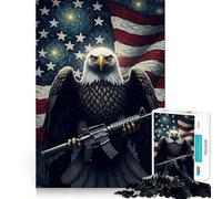 Puzzle Adulte 1000 pièces Drapeau Aigle américain et Fusil Jeu de Stimulation mentale Découpe Laser de qualité supérieure Activité relaxante en Groupe à l'intérieur (38x52cm)