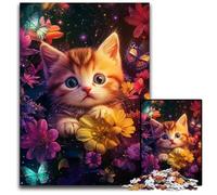 Puzzle Adulte 1000 pièces en Bois Motif Chat et Fleur, idéal pour se détendre et se Mettre au défi, décoration d'intérieur colorée, pour Les Amis 50x75cm