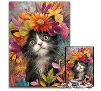 Puzzle Adulte 1000 pièces en Carton Motif Chat et Fleur, idéal pour se détendre et se Mettre au défi, décoration d'intérieur colorée, pour Les Amis 26x38cm